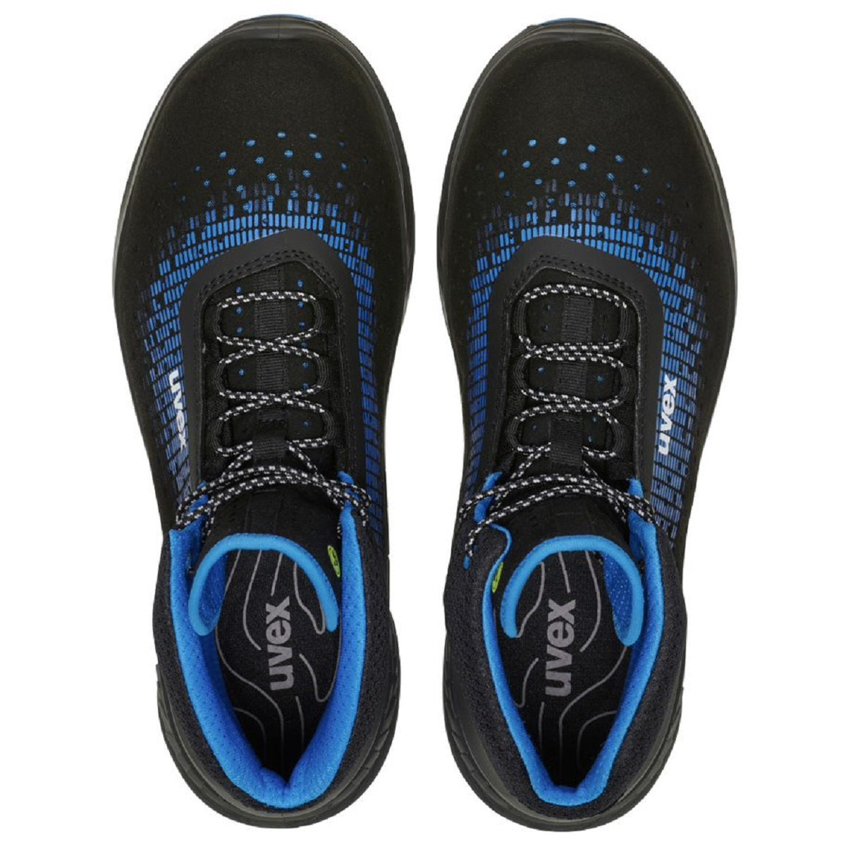 uvex 1 68381 G2 safety boots. Black Blue perforated microsuede ESD 100% Non-metal, metal-free, composite toe-cap. Comfortable uvex boots protexU