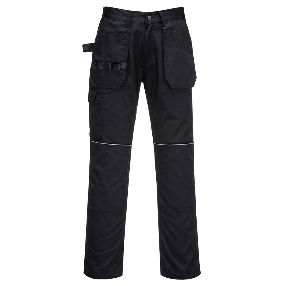 Black work trousers with holster pockets, Portwest tradesman trousers, tradies work trousers, protexU