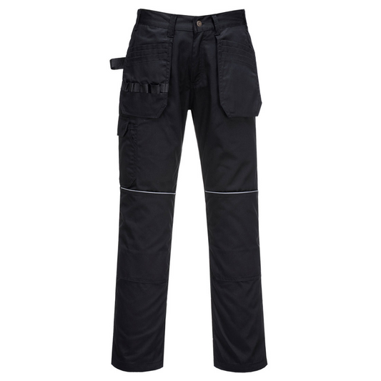 Black work trousers with holster pockets, Portwest tradesman trousers, tradies work trousers, protexU