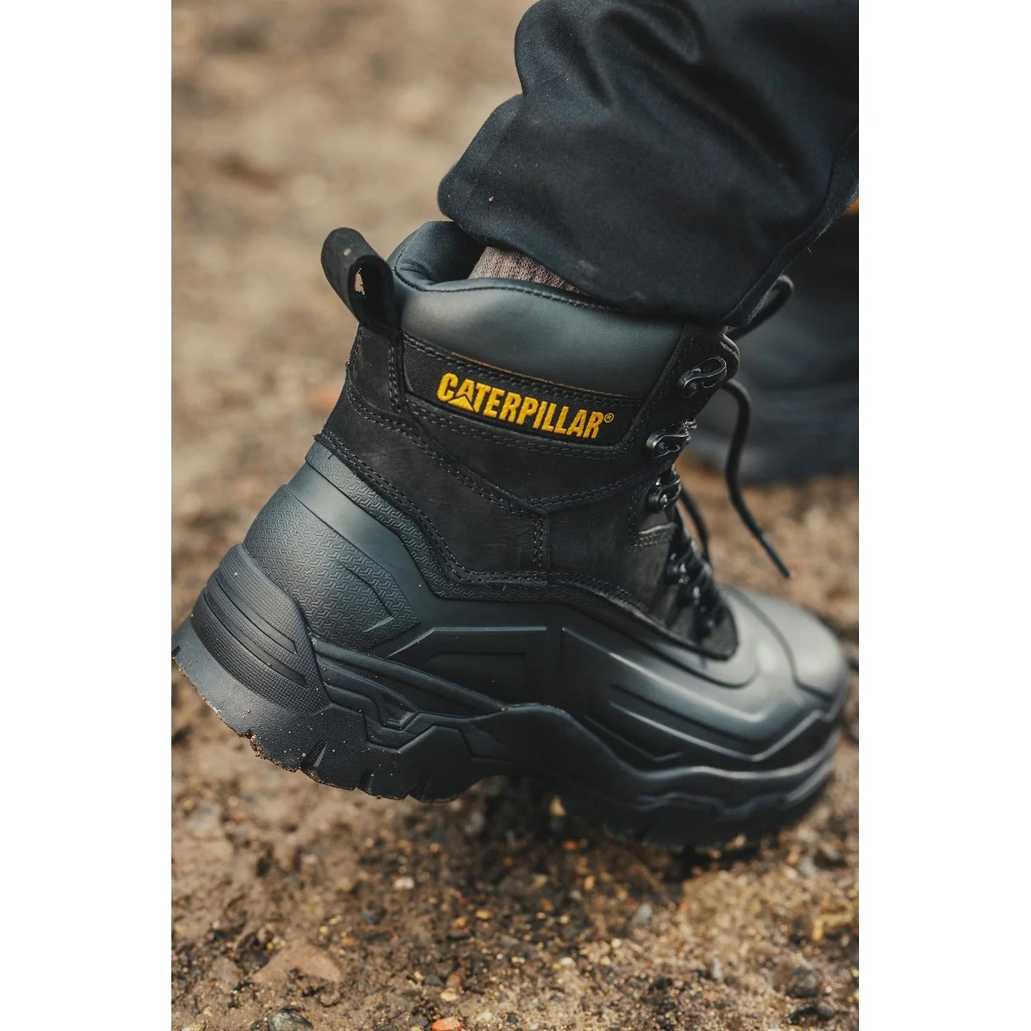 Caterpillar Typhoon SBH Waterproof Safety Boot. Action shot. protexU