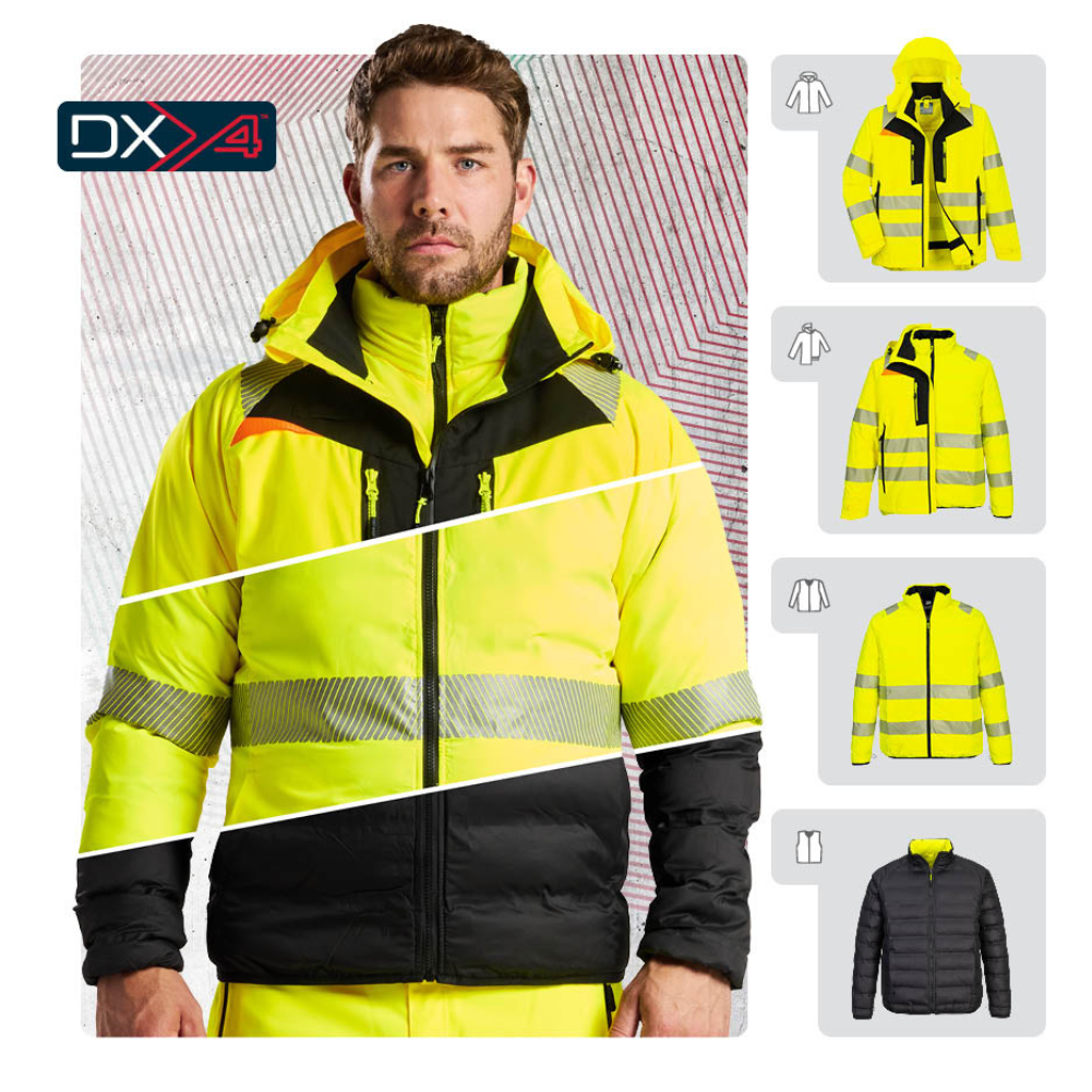 Orange Portwest Hi Vis Safety 4-in-1 Jacket with reflective stripes. from protexU