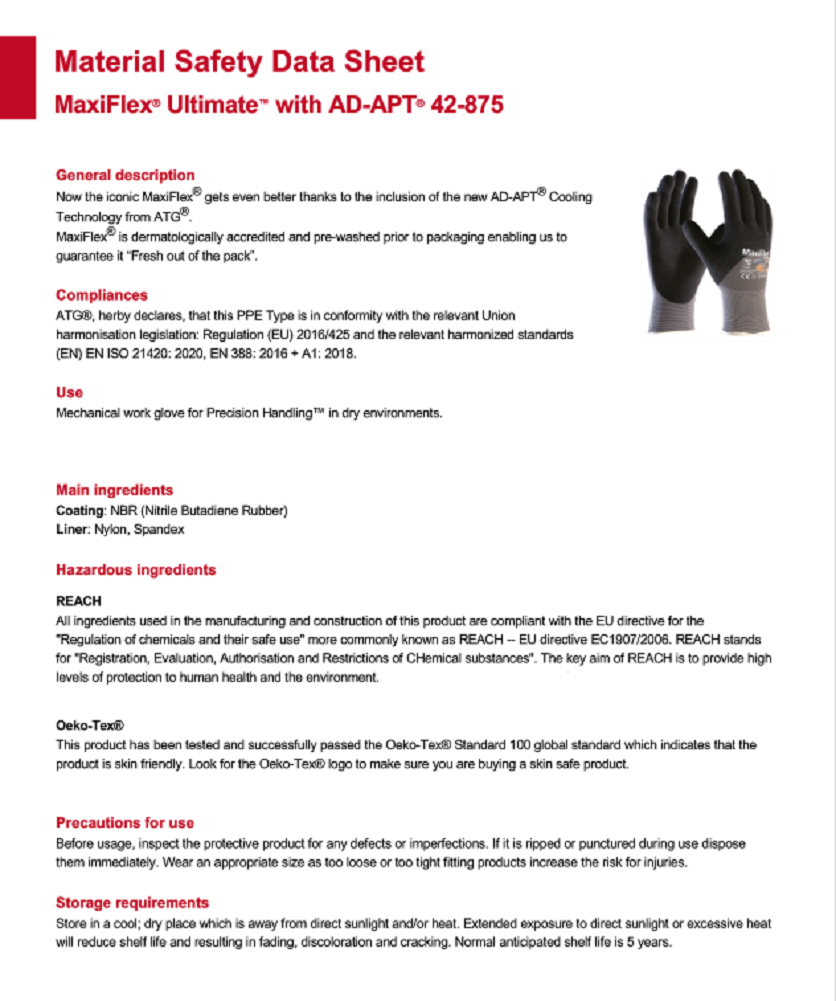 ATG MaxiFlex Ultimate Gloves- Hi-Viz Yellow 42-875Y. Datasheet. protexU