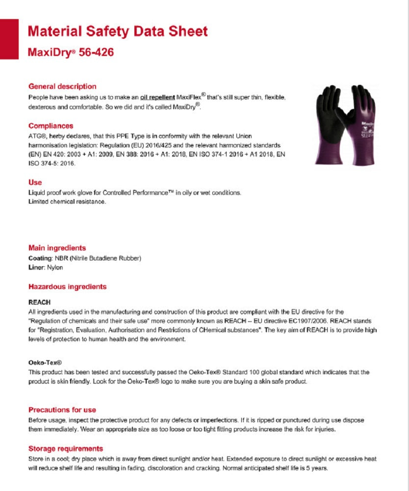 ATG MaxiDry Full Nitrile Coated Work Gloves Datasheet protexU