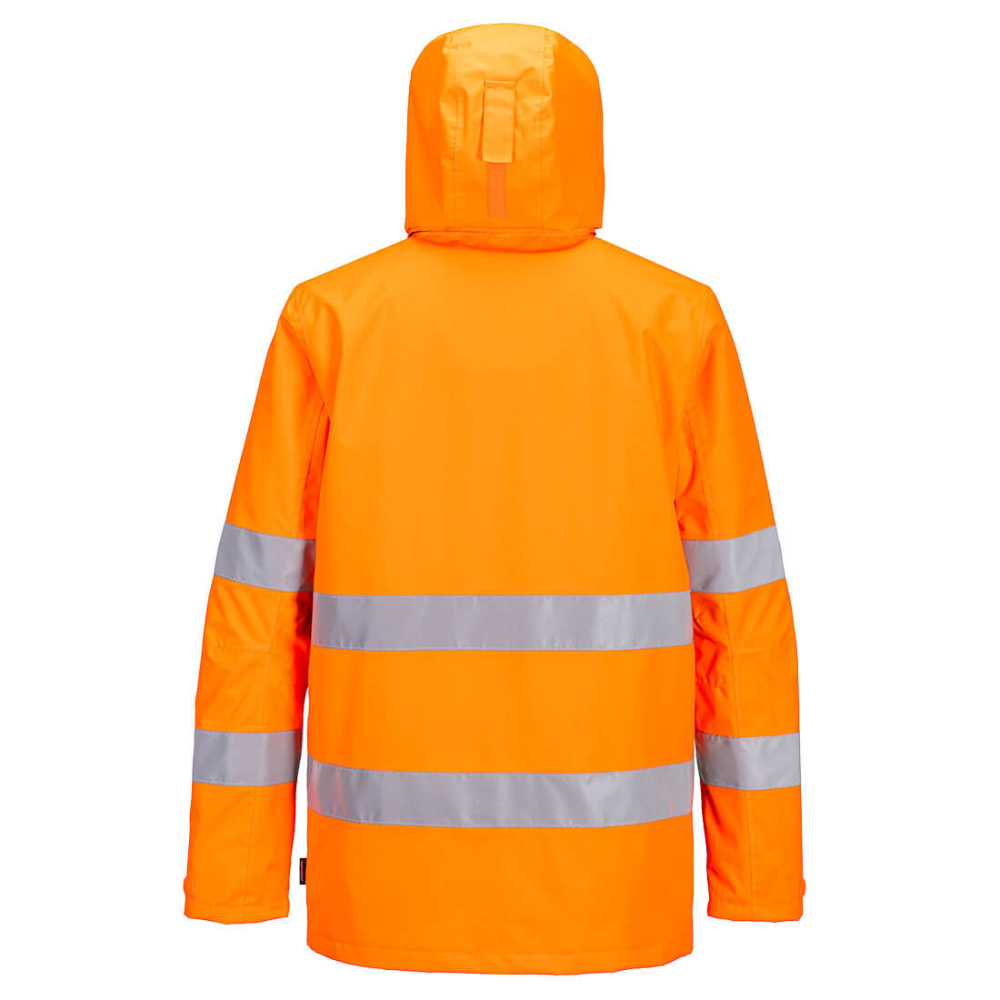 Portwest Hi Vis Rain Jacket. Orange safety jacket with reflective stripes and a black chest panel for logo branding. protexU