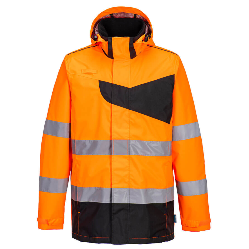 Portwest Hi Vis Rain Jacket. Orange safety jacket with reflective stripes and a black chest panel for logo branding. protexU