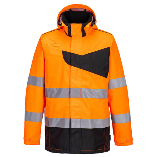 Portwest Hi Vis Rain Jacket. Orange safety jacket with reflective stripes and a black chest panel for logo branding. protexU