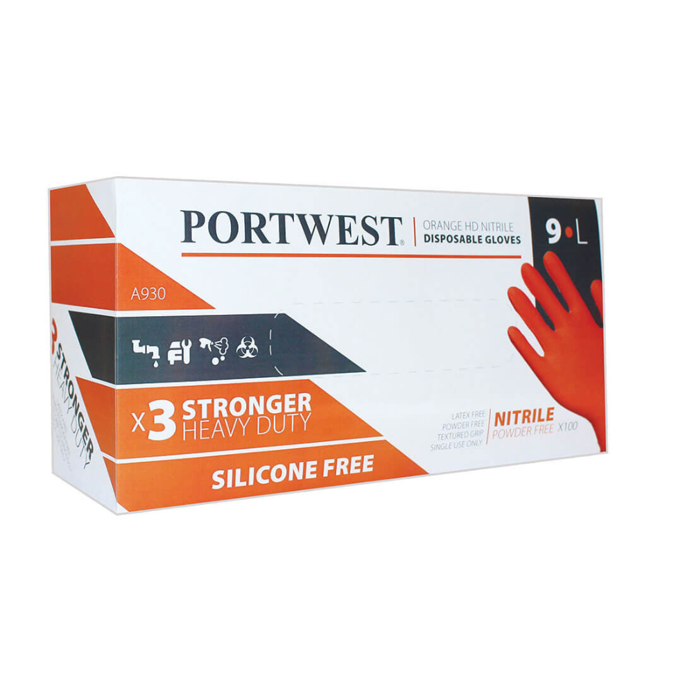 Portwest A930 - Disposable Glove 7mil Nitrile. Box of 100. Orange. protexU