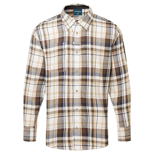 Work shirt brown plaid check button up PortWest. protexU