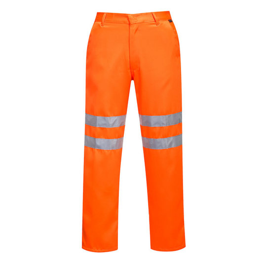 Hi Vis Orange safety work trousers with reflective stripes for rail industry. From protexU