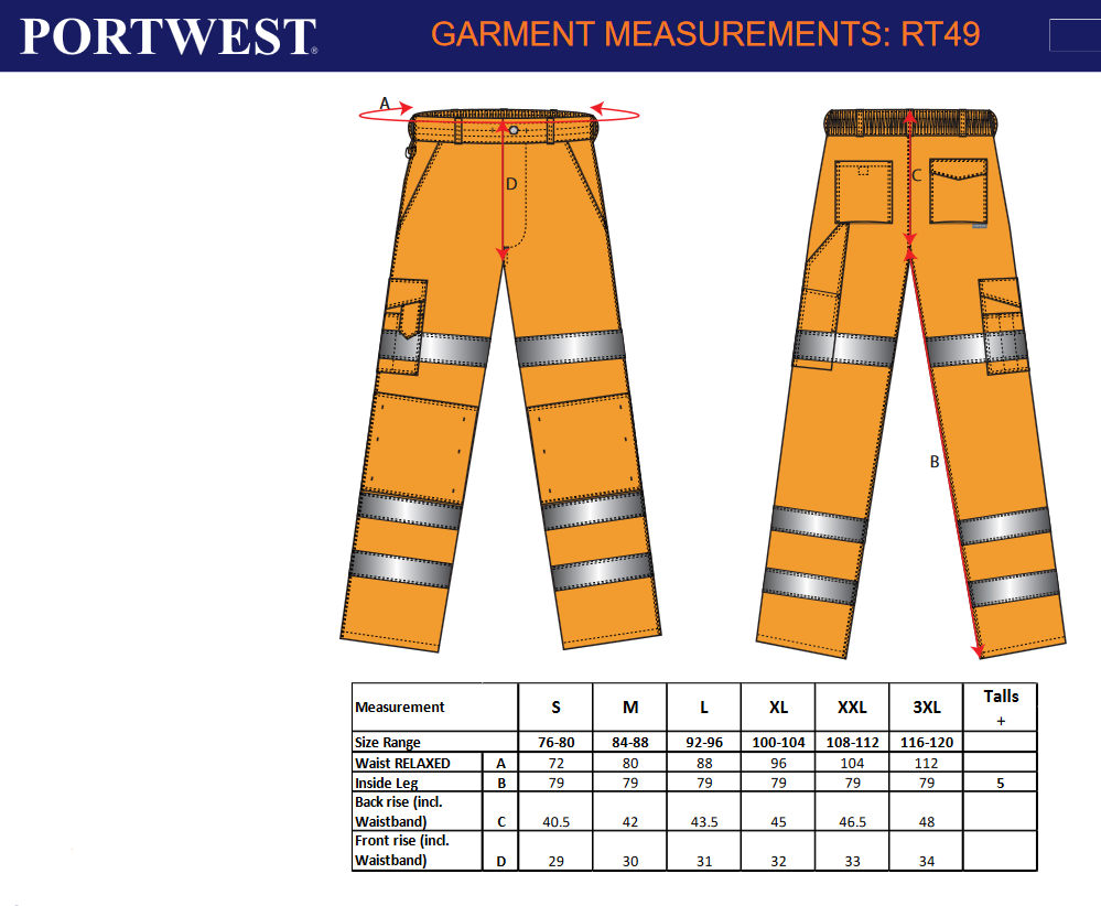 Portwest Size Chart Hi-Vis Work Trousers Orange RT49. protexU