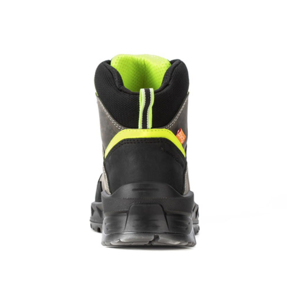 Back view of the Sixton Gardina safety boot with bright yellow accents, protexU