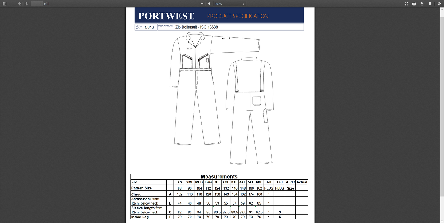 Portwest Black Polycotton Overalls C802