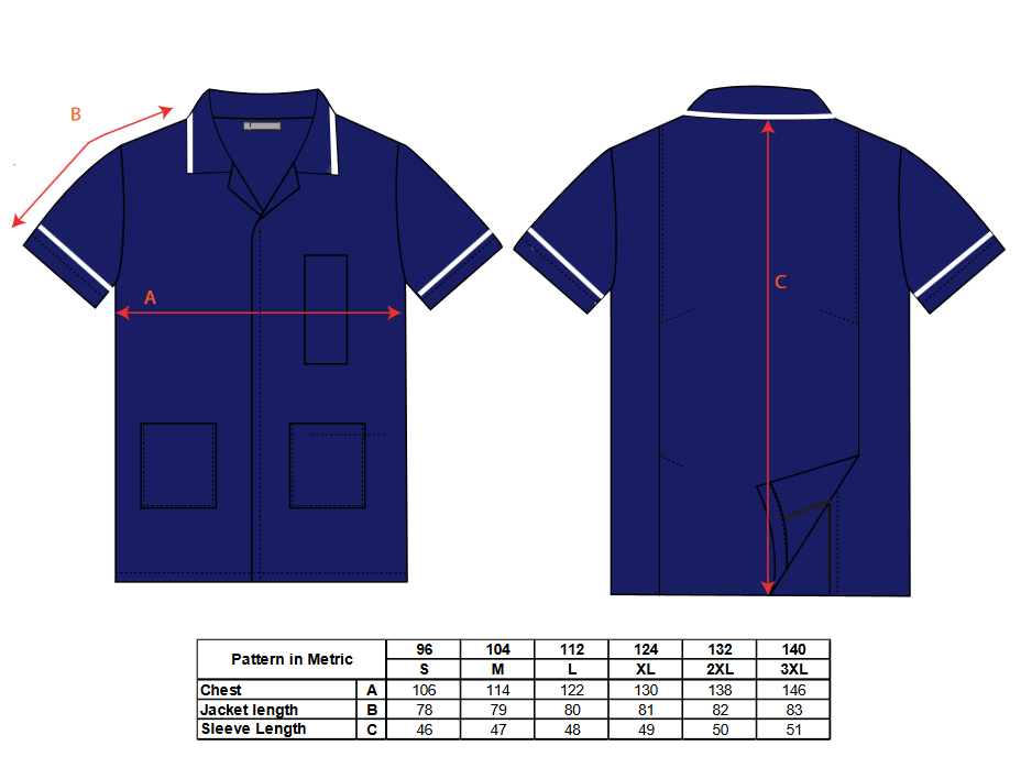 Portwest Mens Medical Tunic Navy Blue size chart protexU