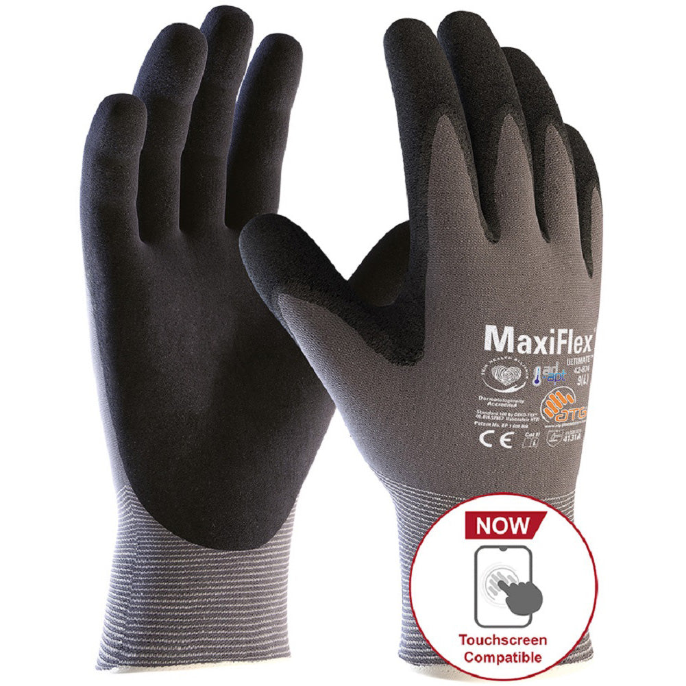 ATG MaxiFlex Ultimate Work Gloves Grey with black foam palms. Touchscreen compatible work gloves.42-874 protexU