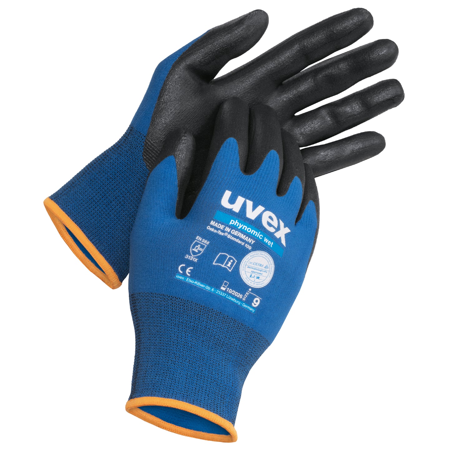 uvex phynomic wet safety gloves. Protect from various hazards. Re-usable water-repellent aqua-polymer foam coating. Blue with black Polymer coated palms. Protexu