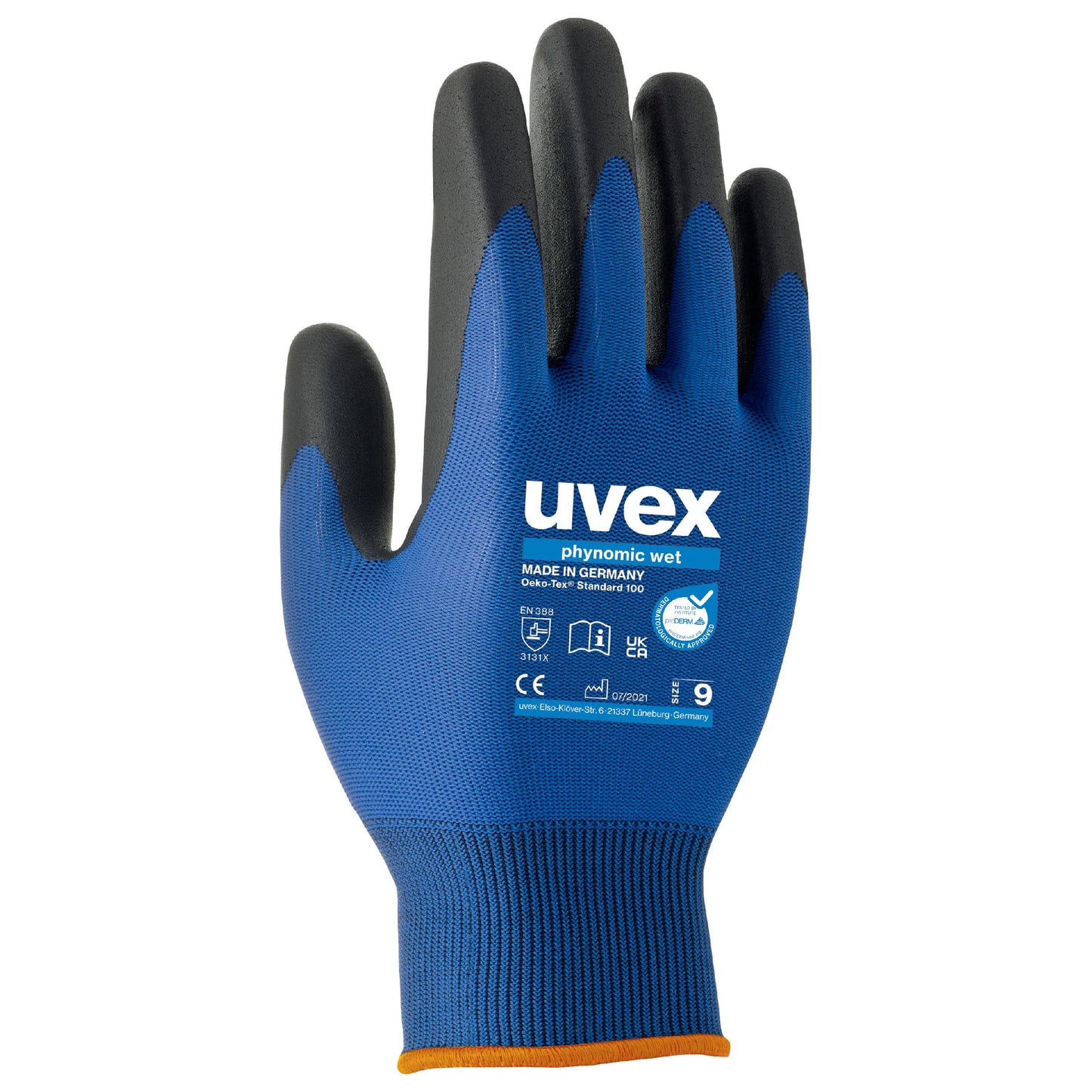 uvex phynomic wet safety gloves. Protect from various hazards. Re-usable water-repellent aqua-polymer foam coating. Blue with black Polymer coated palms. Made in Germany. Protexu