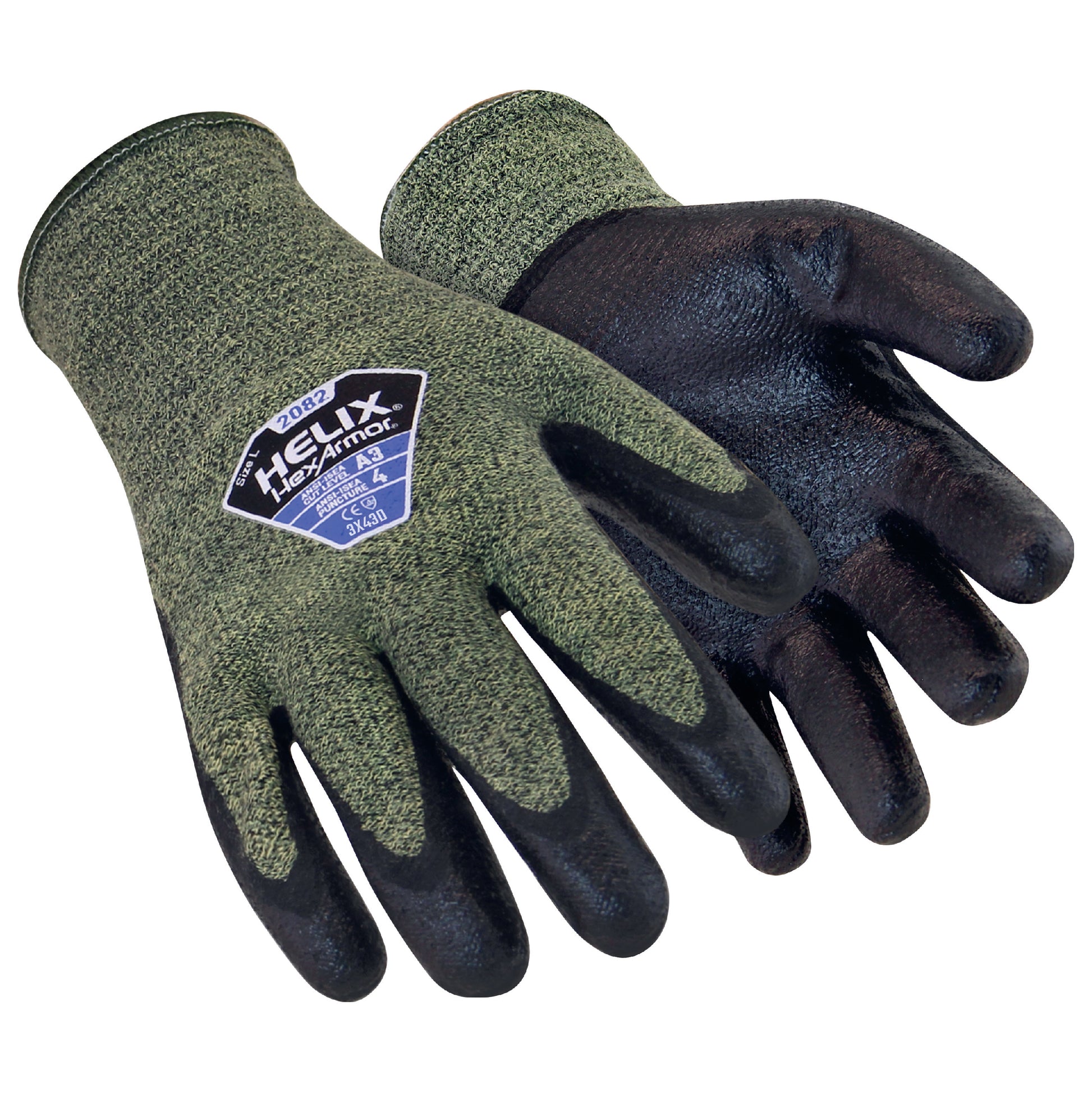 The Helix® Series 2082 gloves by HexArmor® feature a 13-gauge flame-resistant aramid and wool blend shell that offers cut protection and an Arc Flash level 2 rating. A flexible, FR-compliant neoprene/nitrile blend palm coating provides superior grip and abrasion resistance.