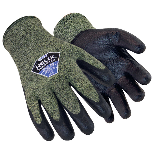 The Helix® Series 2082 gloves by HexArmor® feature a 13-gauge flame-resistant aramid and wool blend shell that offers cut protection and an Arc Flash level 2 rating. A flexible, FR-compliant neoprene/nitrile blend palm coating provides superior grip and abrasion resistance.