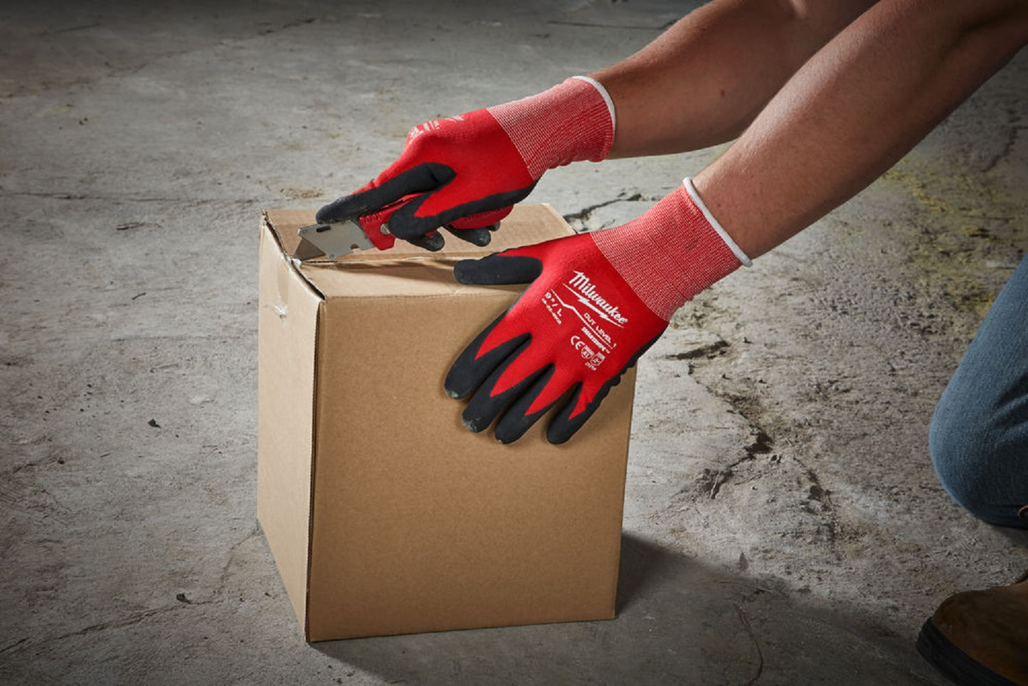Milwaukee Tools. Cut Level 1 Nitrile Dipped Work Gloves. Suitable for light industrial, tradesmen and general handling use. Red/White/Black. Lightweight. protexU