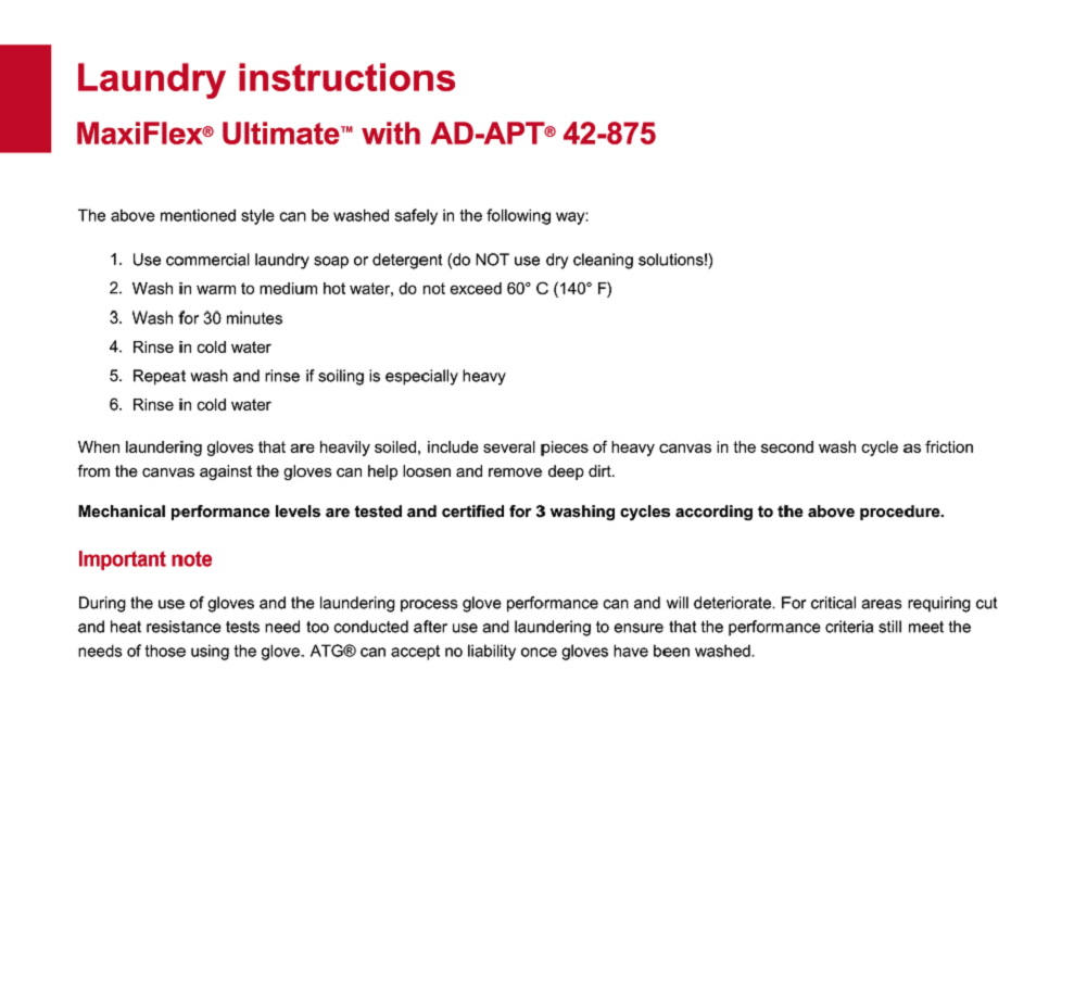 ATG MaxiFlex 42-875 3/4 coated Grey/Black work gloves. Touchscreen compatible. AD-APT® Grey. Wasing Instructions. protexU