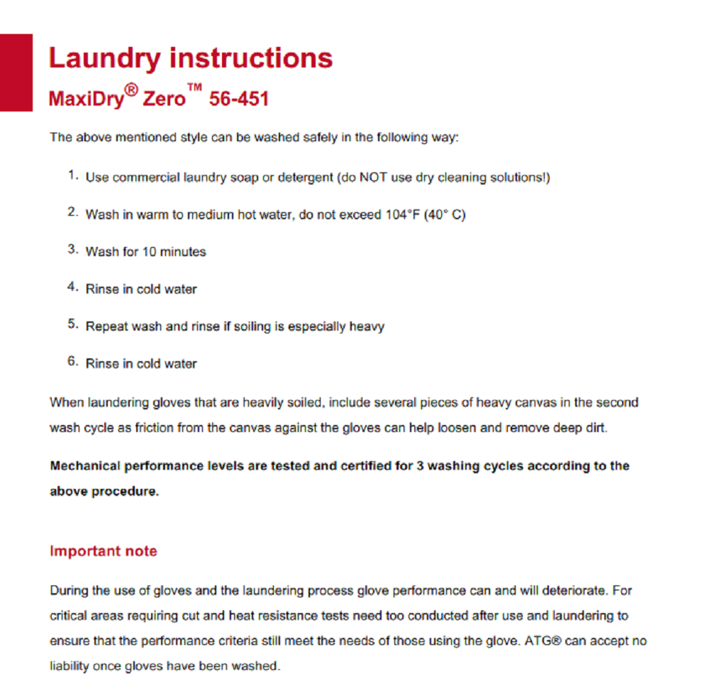ATG MaxiDry 56-451 Thermal Winter Work Gloves. Cold-store -30°C Protection. Laundry Instructions. protexU