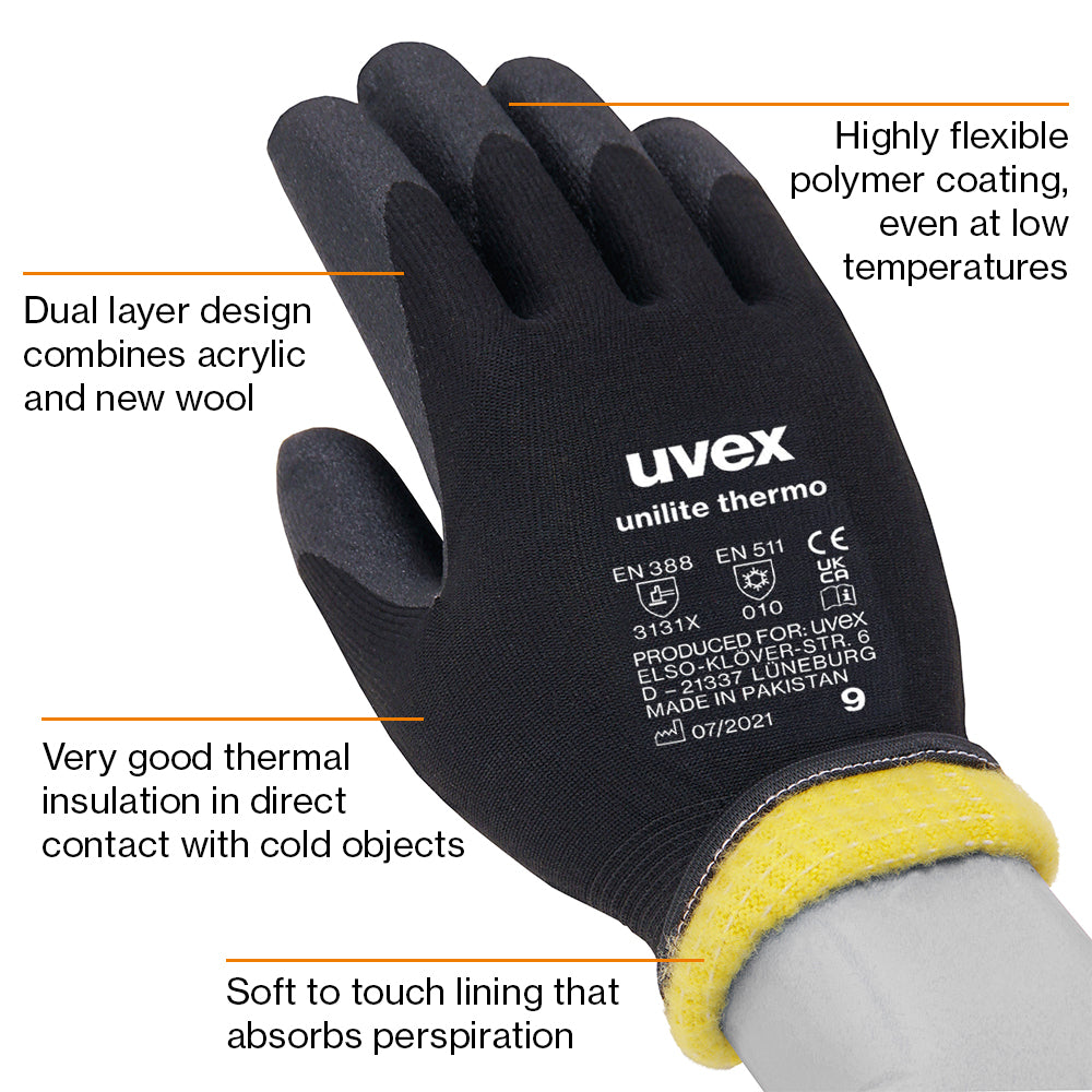 uvex unilite thermo plus safety glove for cold environments, winter work glove, protexU