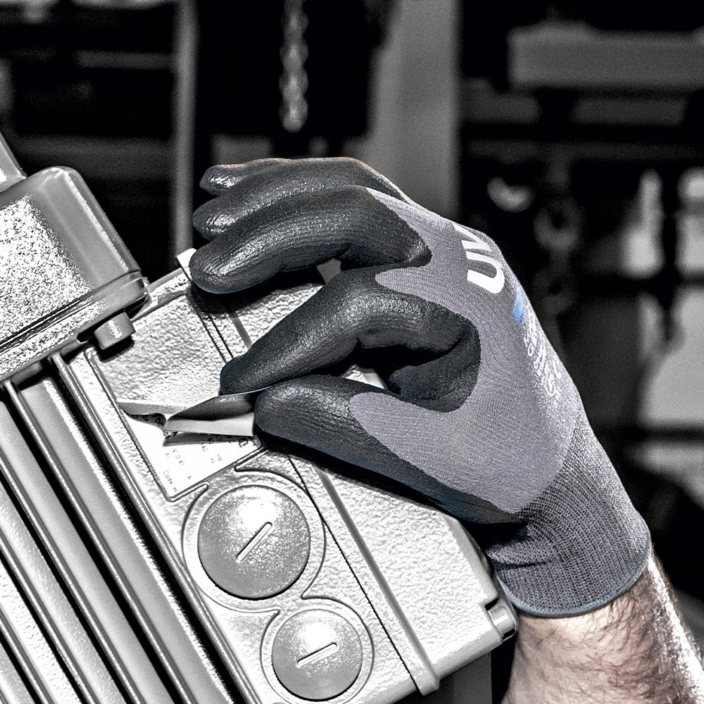 uvex 60070 phynomic allround ppe safety gloves. Aqua-polymer foam coated palms. Best safety gloves for general handling use. Grey/Black