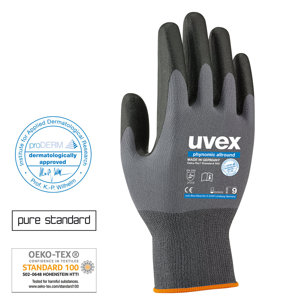 uvex 60070 phynomic allround ppe safety gloves. Aqua-polymer foam coated palms. Best safety gloves for general handling use. Grey/Black