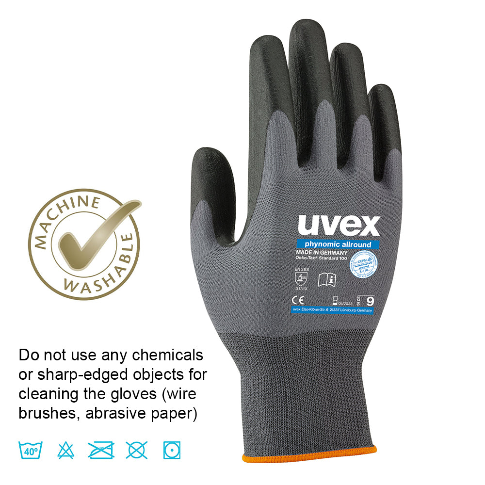 uvex 60070 phynomic allround ppe safety gloves. Aqua-polymer foam coated palms. Best safety gloves for general handling use. Grey/Black