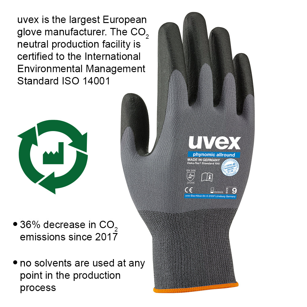 uvex 60070 phynomic allround ppe safety gloves. Aqua-polymer foam coated palms. Best safety gloves for general handling use. Grey/Black
