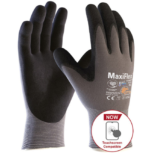 ATG MaxiFlex Ultimate Work Gloves Grey with black foam palms. Touchscreen compatible work gloves. 6 Pairs 42-874 protexU