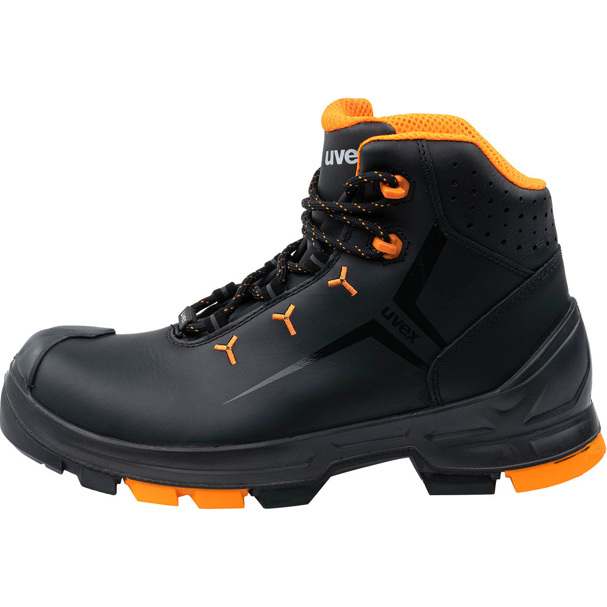 Side Detail. uvex 2 safety boots 65032 S3 SRC Black Leather Upper With Orange Detail. PU Sole. Meets ESD Requirements. protexU