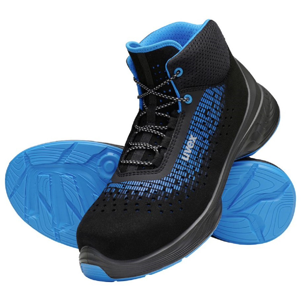 uvex 68381 G2 safety boots. Black Blue perforated microsuede ESD 100% Non-metal, metal-free, composite toe-cap. Comfortable uvex boots best deal at protexU