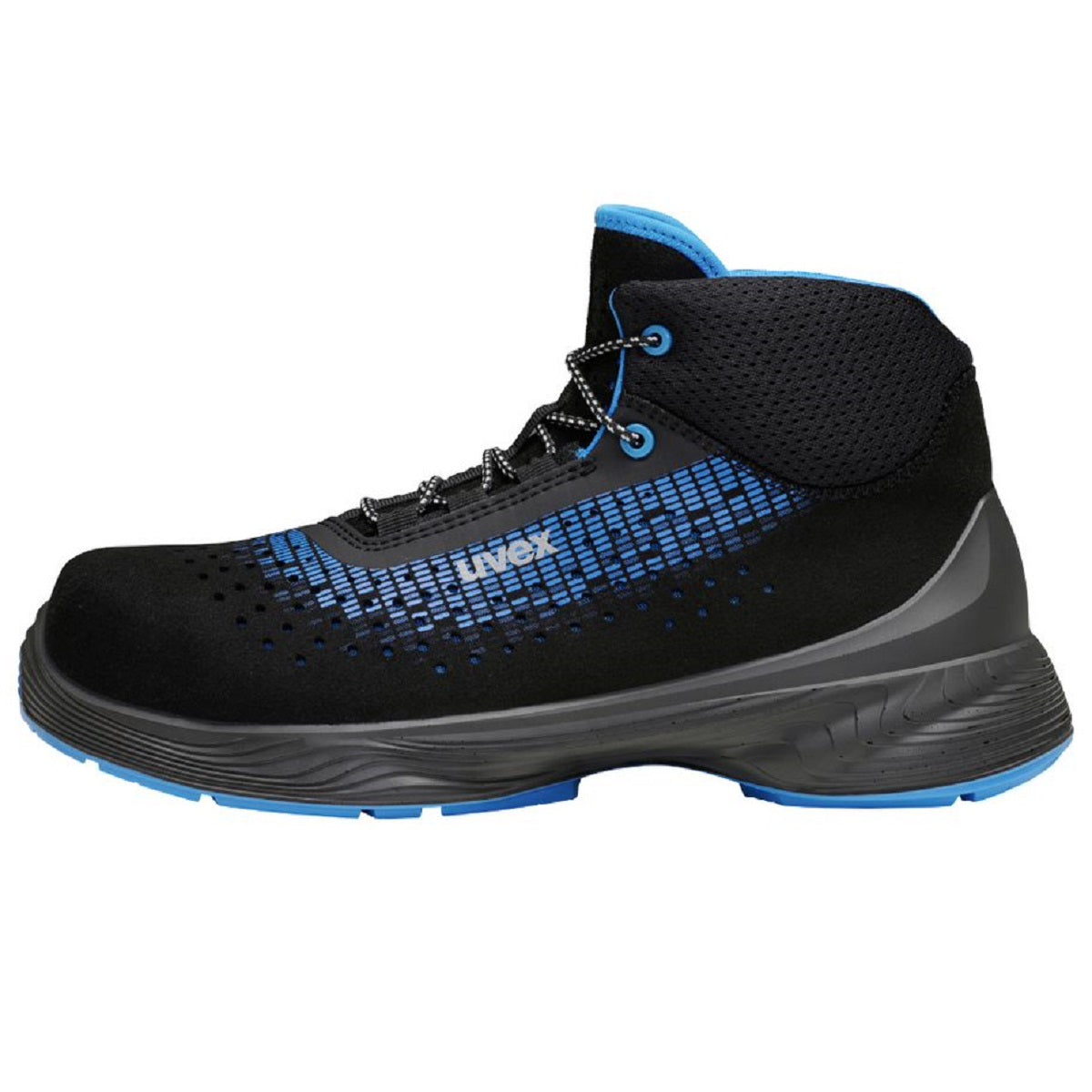 uvex 1 68381 G2 safety boots. Black Blue perforated microsuede ESD 100% Non-metal, metal-free, composite toe-cap. Comfortable uvex boots best deal at protexU