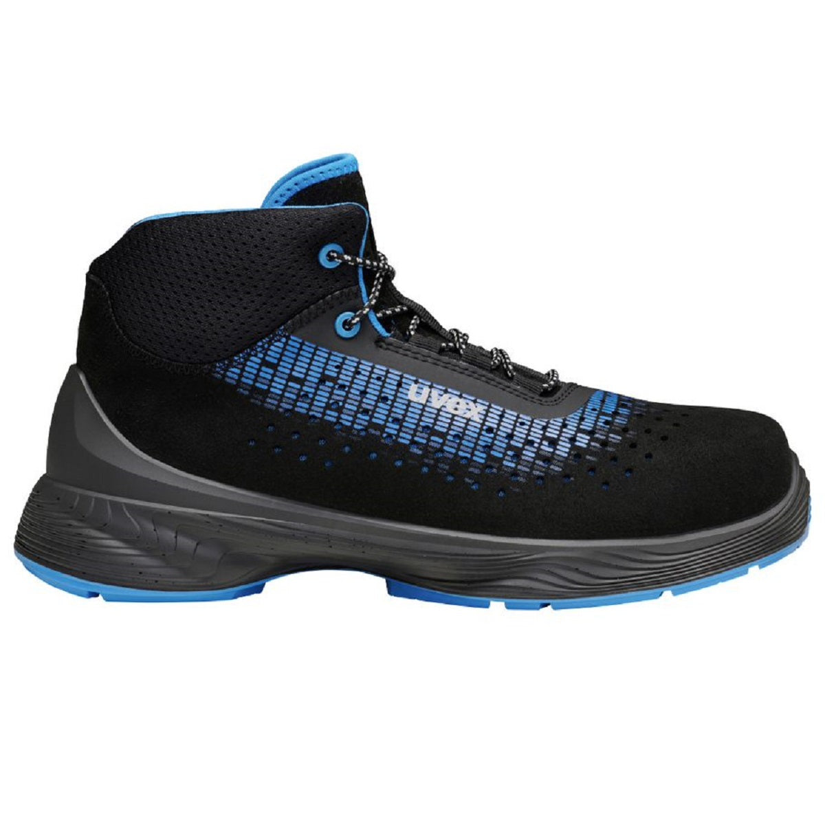 uvex 1 68381 G2 safety boots. Black Blue perforated microsuede ESD 100% Non-metal, metal-free, composite toe-cap. Comfortable uvex boots protexU