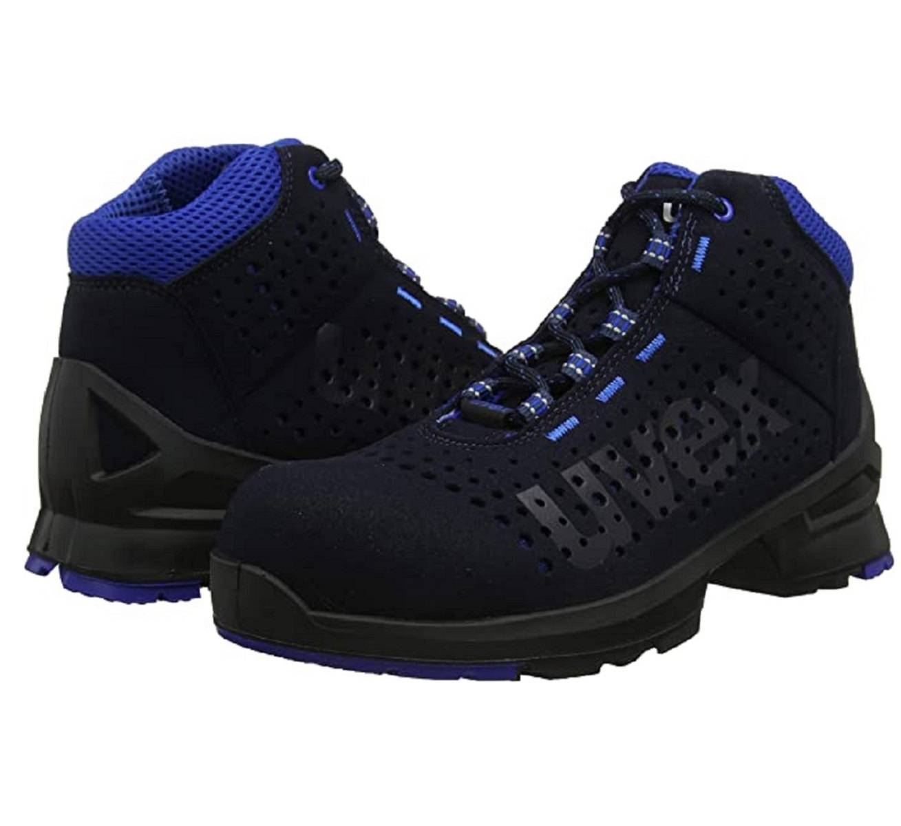 uvex 1 safety boots blue perforated microsuede upper S1 SRC 85328 lace-up, composite toe, pair side by sideprotexU