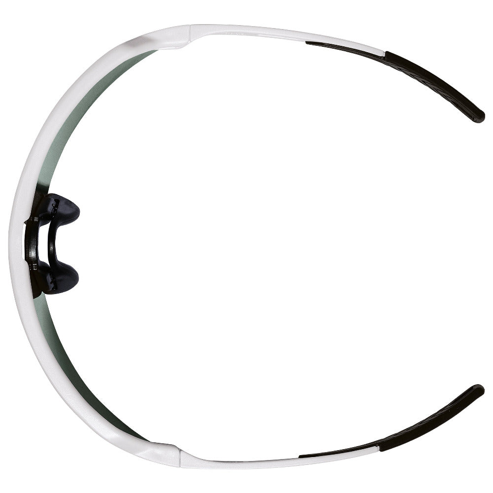 White wrap-around sports sunglasses with black temple tips and nose pads, shown from a side profile on a white background.