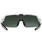 A pair of wrap-around shield sunglasses with a translucent white frame and polaised lenses, shown against a plain white background.