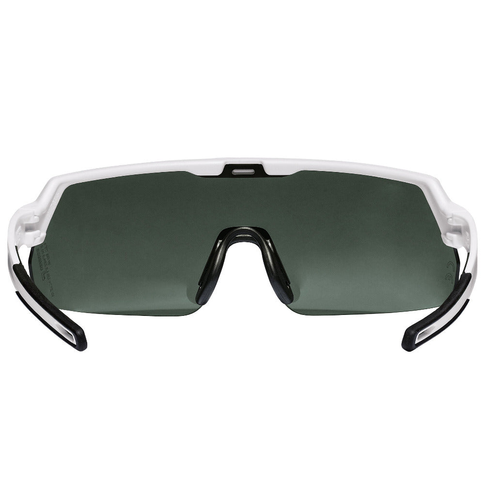 A pair of wrap-around shield sunglasses with a translucent white frame and polaised lenses, shown against a plain white background.