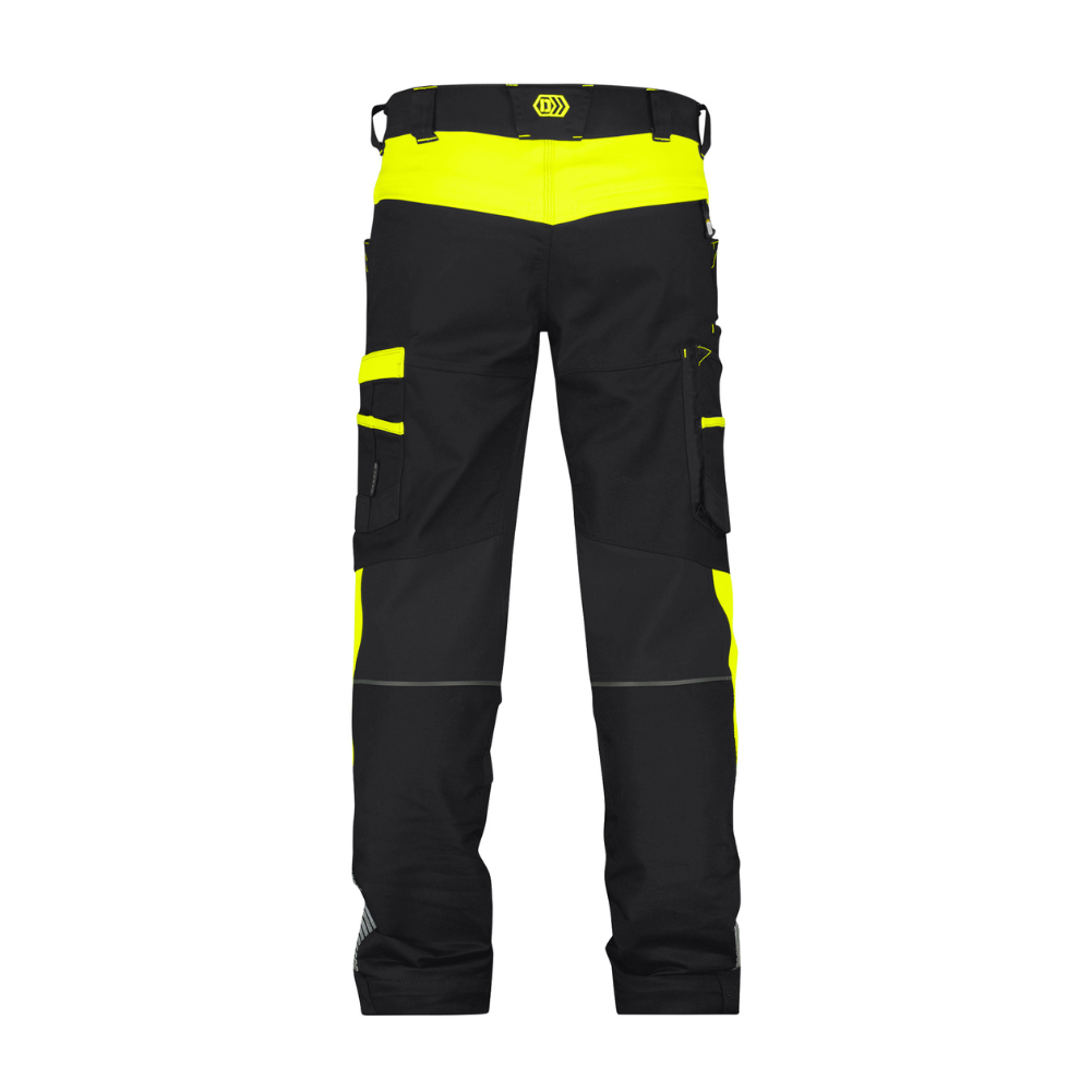 DASSY Hong Kong Men's Work Trousers Black & Fluorescent Yellow, Extendable Hem, Minus Leg Length, Adjustable Waist, Ample Pockets, protexU