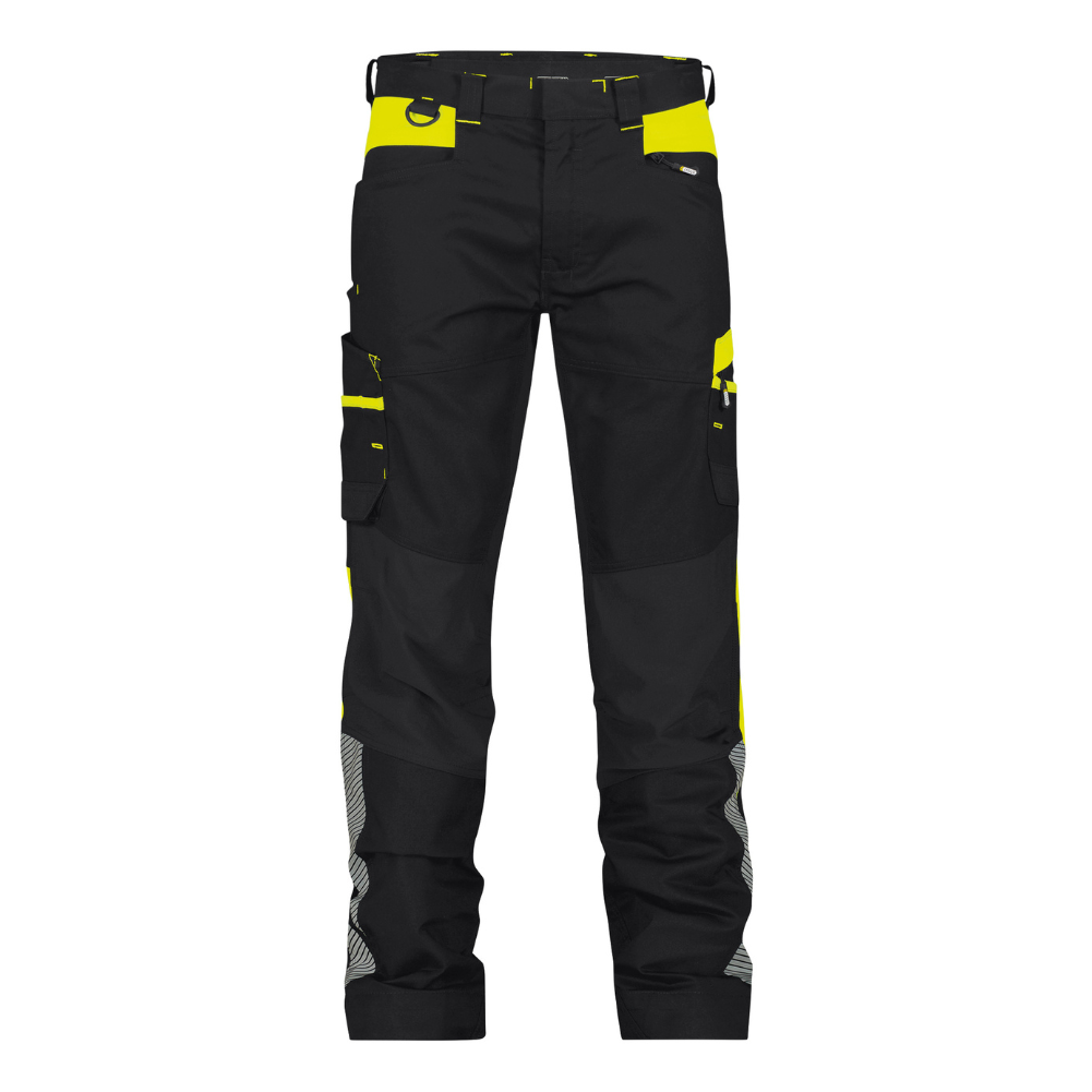 DASSY Hong Kong Men's Work Trousers Black & Fluorescent Yellow, Extendable Hem, Minus Leg Length, Adjustable Waist, Ample Pockets, protexU