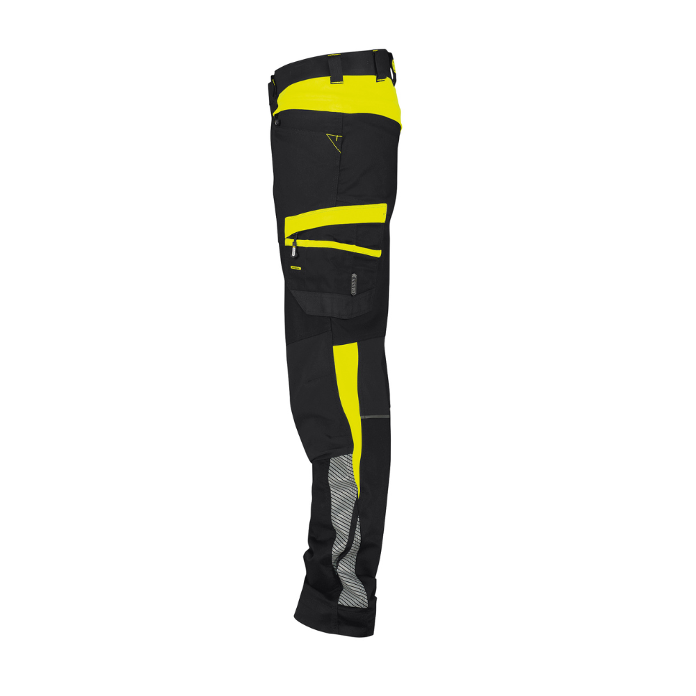 DASSY Hong Kong Men's Work Trousers Black & Fluorescent Yellow, Extendable Hem, Minus Leg Length, Adjustable Waist, Ample Pockets, protexU