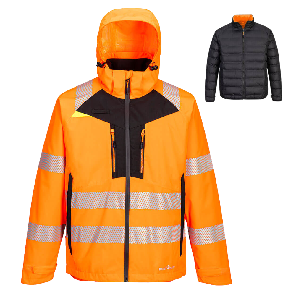 Orange Portwest Hi Vis Safety 4-in-1 Jacket with reflective stripes. from protexU