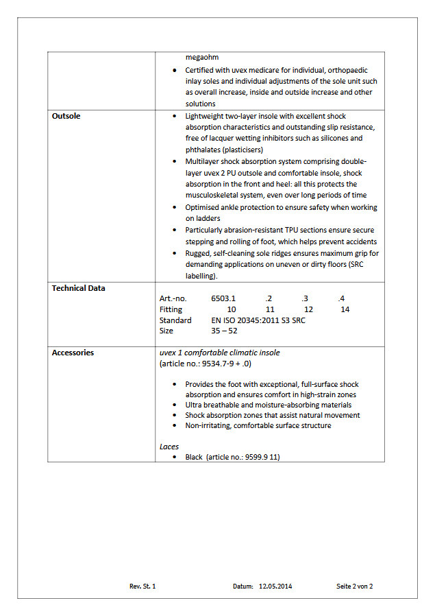 uvex 2 datasheet 65032 safety boots. Page 2. protexU