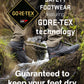 Person wearing GORE-TEX safety footwear crossing a stream with text highlighting the brand and technology.