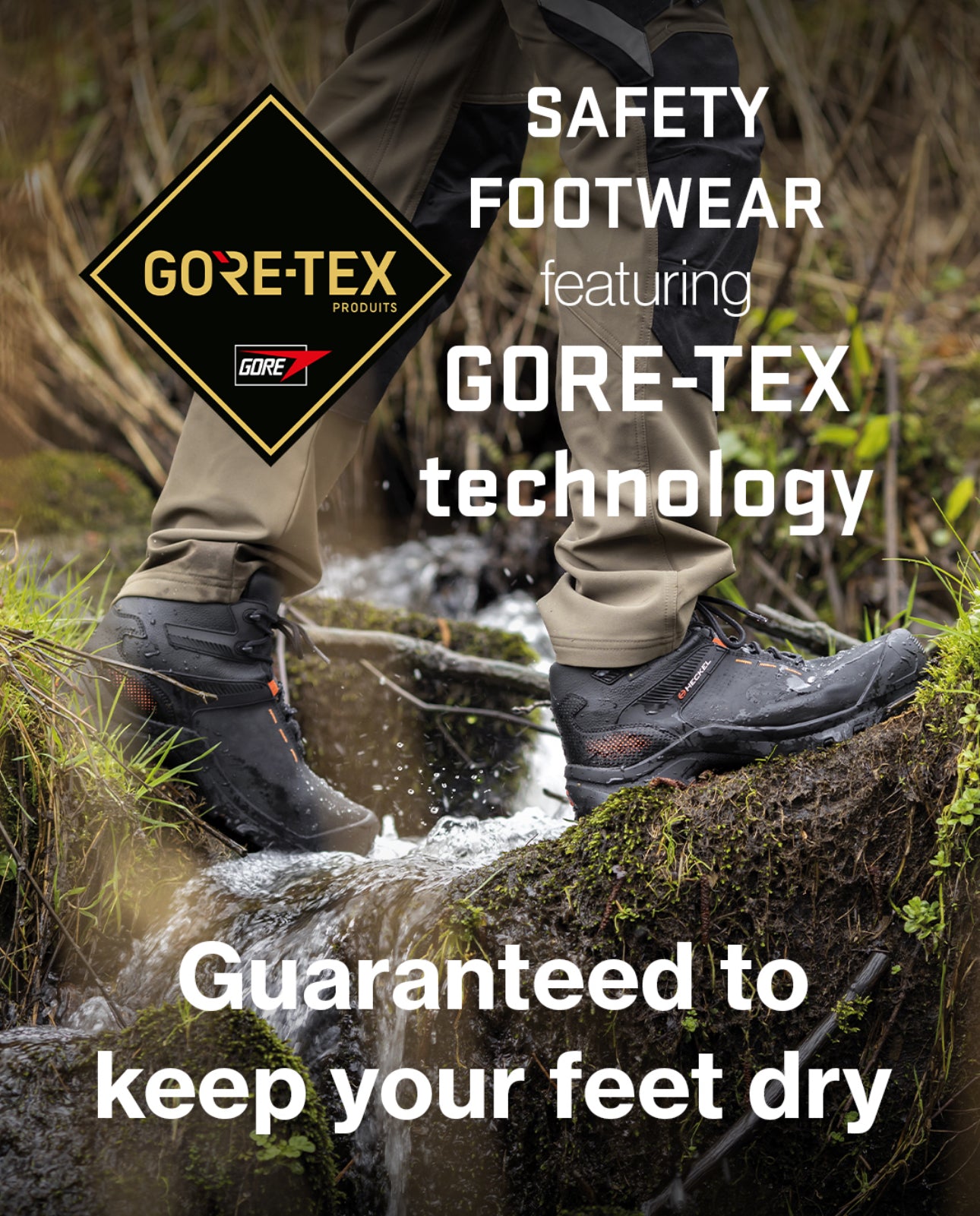 Person wearing GORE-TEX safety footwear crossing a stream with text highlighting the brand and technology.
