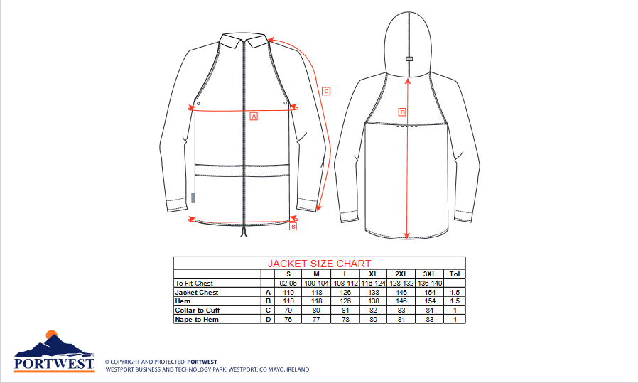 Portwest two-piece rainsuit size chart jacket. protexU