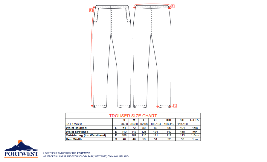 Portwest two-piece rainsuit size chart trousers. protexU