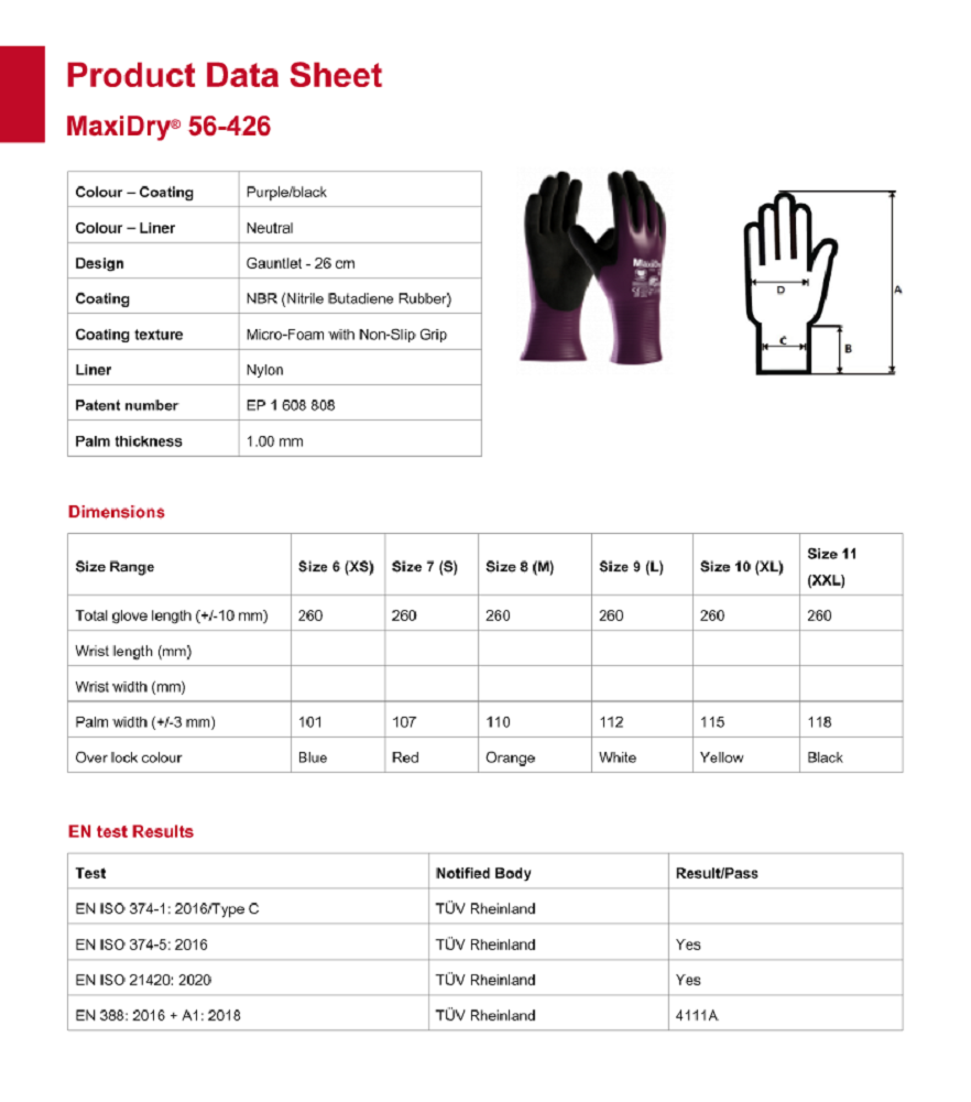 ATG MaxiDry Full Nitrile Coated Work Gloves Size chart. protexU