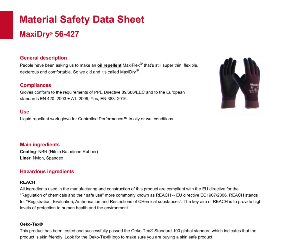 ATG MaxiDry Gloves 56-427 Full Nitrile Coating Oil & Water Resistant PPE Work Gauntlet. Datasheet protexU